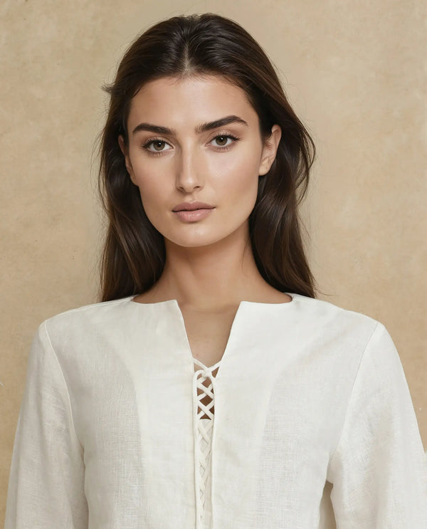 Rareism Women Janbo White Linen Fabric Bishop Sleeves Ruffled Neck Regular Fit Embroidered Top