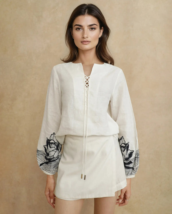 Rareism Women Janbo White Linen Fabric Bishop Sleeves Ruffled Neck Regular Fit Embroidered Top