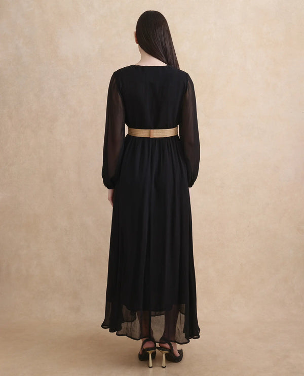 Rareism Women's Janclin Black Viscose Fabric V-Neck Zipper Closure Bishop Sleeve Plain Fit And Flare Maxi Dress