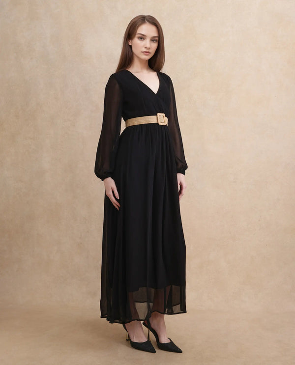 Rareism Women's Janclin Black Viscose Fabric V-Neck Zipper Closure Bishop Sleeve Plain Fit And Flare Maxi Dress