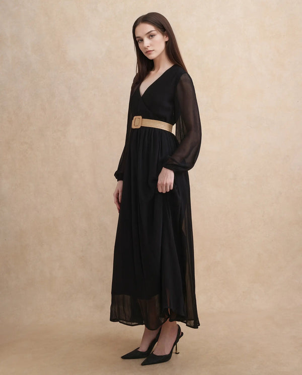 Rareism Women's Janclin Black Viscose Fabric V-Neck Zipper Closure Bishop Sleeve Plain Fit And Flare Maxi Dress