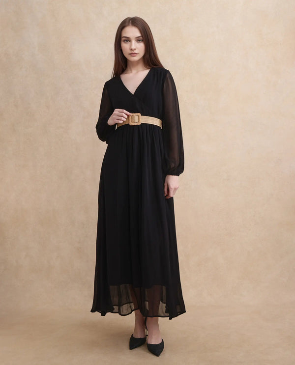 Rareism Women's Janclin Black Viscose Fabric V-Neck Zipper Closure Bishop Sleeve Plain Fit And Flare Maxi Dress