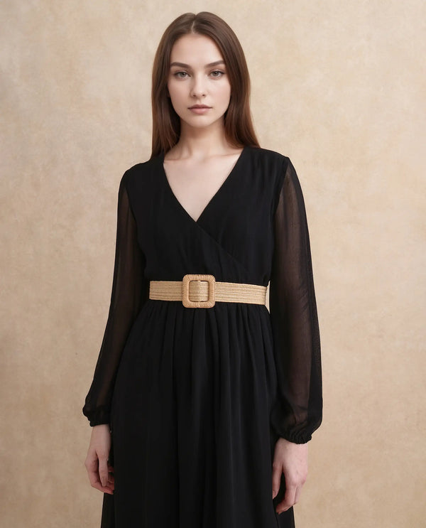 Rareism Women's Janclin Black Viscose Fabric V-Neck Zipper Closure Bishop Sleeve Plain Fit And Flare Maxi Dress