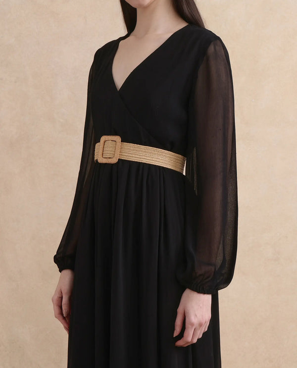 Rareism Women's Janclin Black Viscose Fabric V-Neck Zipper Closure Bishop Sleeve Plain Fit And Flare Maxi Dress
