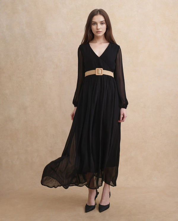 Rareism Women's Janclin Black Viscose Fabric V-Neck Zipper Closure Bishop Sleeve Plain Fit And Flare Maxi Dress