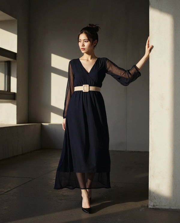 Rareism Women's Janclin Black 100% Viscose Fabric V-Neck Zipper Closure Bishop Sleeve Plain Fit And Flare Maxi Dress