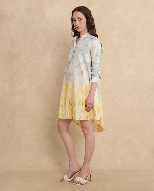Rareism Women's Jancon Light Multi Modal Fabric Band Collar Button Closure Raglan Sleeve Floral Print A-Line Mini Dress