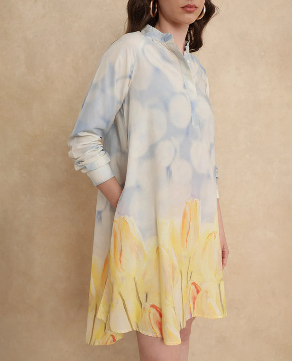 Rareism Women's Jancon Light Multi Modal Fabric Band Collar Button Closure Raglan Sleeve Floral Print A-Line Mini Dress