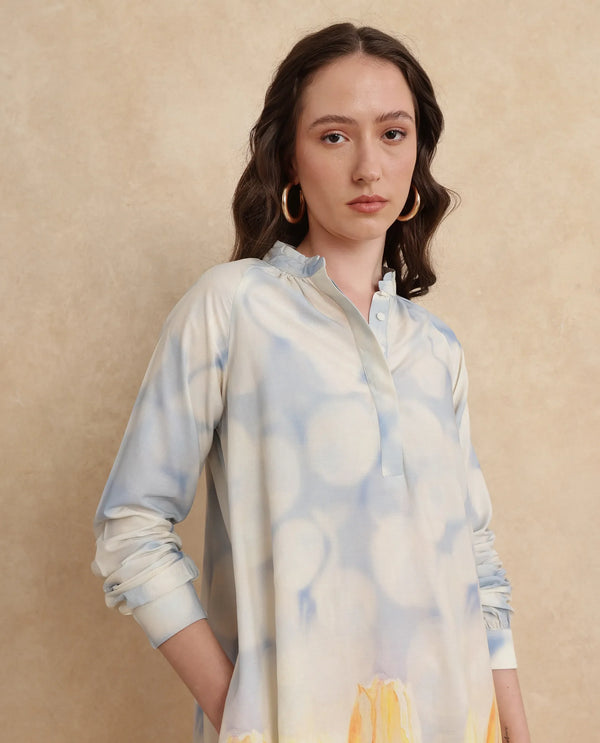 Rareism Women's Jancon Light Multi Modal Fabric Band Collar Button Closure Raglan Sleeve Floral Print A-Line Mini Dress