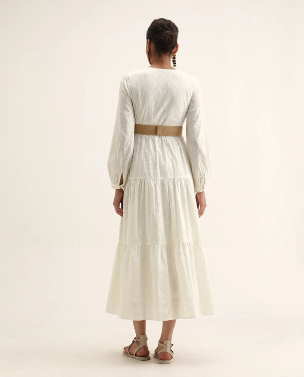 Rareism Women Janco Off White 100% Cotton Fabric Bishop Sleeves V-Neck Fit And Flare Maxi Plain Dress