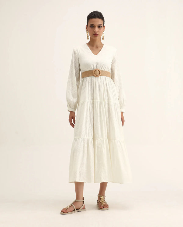 Rareism Women Janco Off White 100% Cotton Fabric Bishop Sleeves V-Neck Fit And Flare Maxi Plain Dress