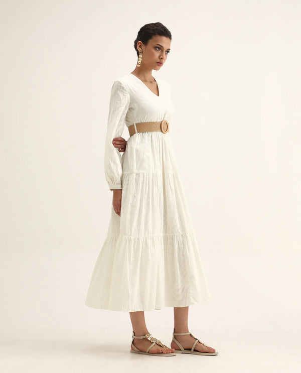 Rareism Women Janco Off White 100% Cotton Fabric Bishop Sleeves V-Neck Fit And Flare Maxi Plain Dress