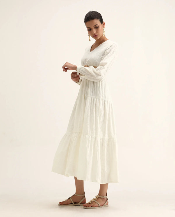 Rareism Women Janco Off White 100% Cotton Fabric Bishop Sleeves V-Neck Fit And Flare Maxi Plain Dress