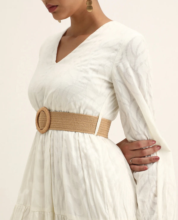 Rareism Women Janco Off White 100% Cotton Fabric Bishop Sleeves V-Neck Fit And Flare Maxi Plain Dress