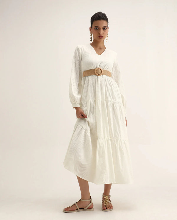 Rareism Women Janco Off White 100% Cotton Fabric Bishop Sleeves V-Neck Fit And Flare Maxi Plain Dress