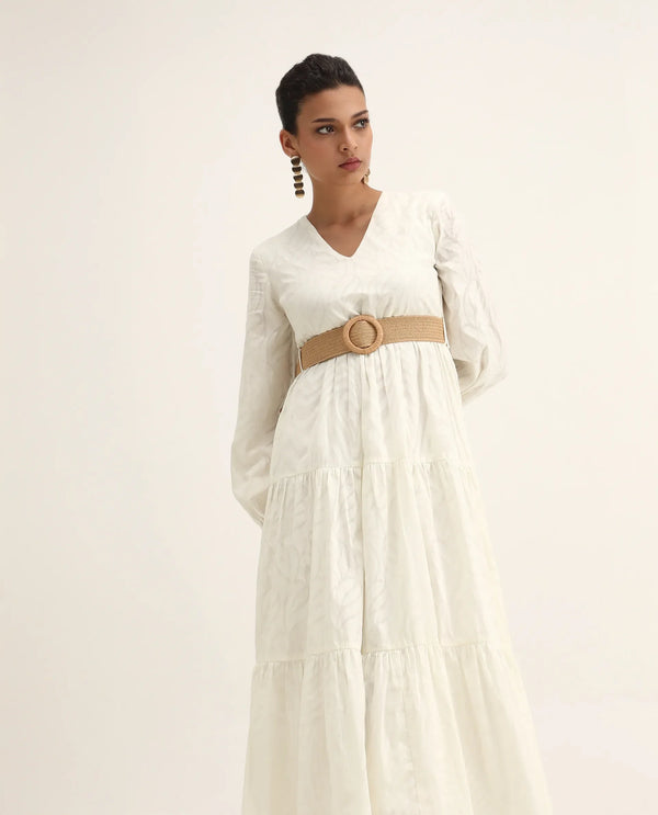 Rareism Women Janco Off White 100% Cotton Fabric Bishop Sleeves V-Neck Fit And Flare Maxi Plain Dress