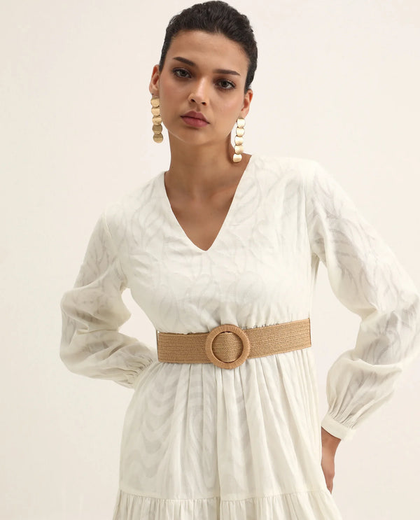Rareism Women Janco Off White 100% Cotton Fabric Bishop Sleeves V-Neck Fit And Flare Maxi Plain Dress