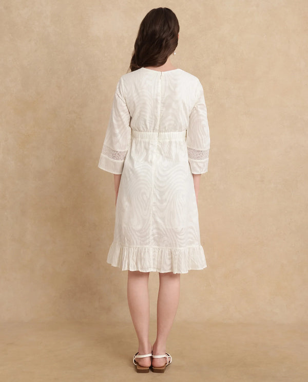 Rareism Women Jancuol Off White Cotton Fabric Bell Seeves Lapel Neck Fit And Flare Knee Length Plain Dress