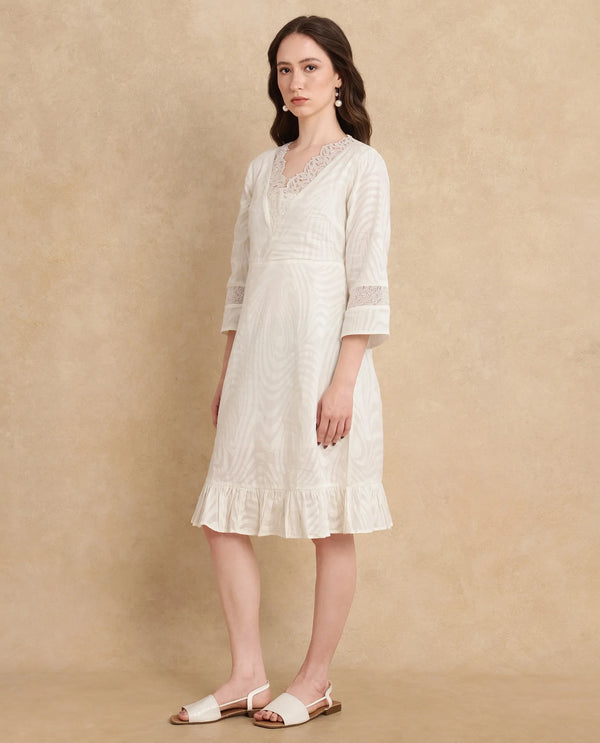 Rareism Women Jancuol Off White Cotton Fabric Bell Seeves Lapel Neck Fit And Flare Knee Length Plain Dress