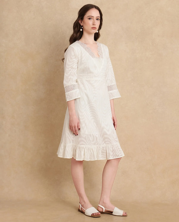 Rareism Women Jancuol Off White Cotton Fabric Bell Seeves Lapel Neck Fit And Flare Knee Length Plain Dress