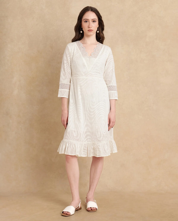 Rareism Women Jancuol Off White Cotton Fabric Bell Seeves Lapel Neck Fit And Flare Knee Length Plain Dress