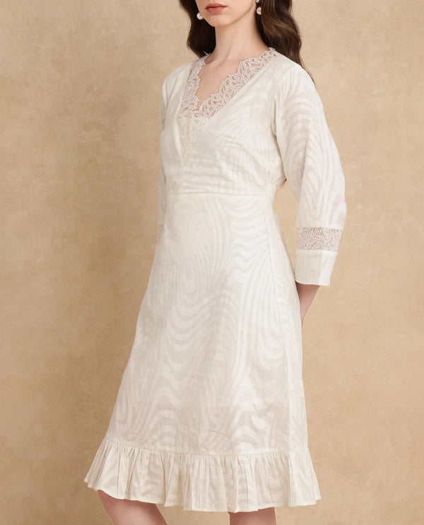 Rareism Women Jancuol Off White Cotton Fabric Bell Seeves Lapel Neck Fit And Flare Knee Length Plain Dress