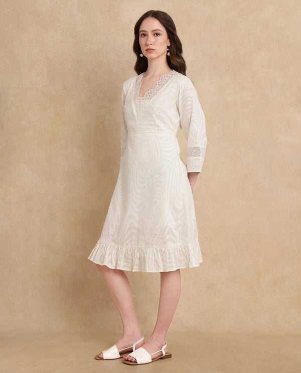 Rareism Women Jancuol Off White Cotton Fabric Bell Seeves Lapel Neck Fit And Flare Knee Length Plain Dress