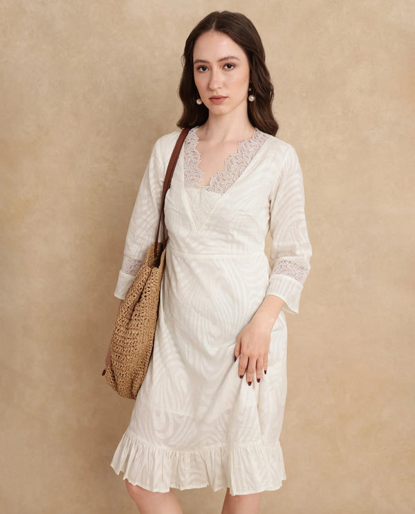 Rareism Women Jancuol Off White Cotton Fabric Bell Seeves Lapel Neck Fit And Flare Knee Length Plain Dress