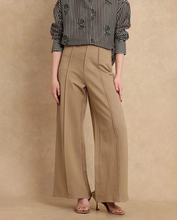 Rareism Women Jancura Beige Rayon Blend Fabric Round Neck Bootcut Ankle Length Plain Trouser