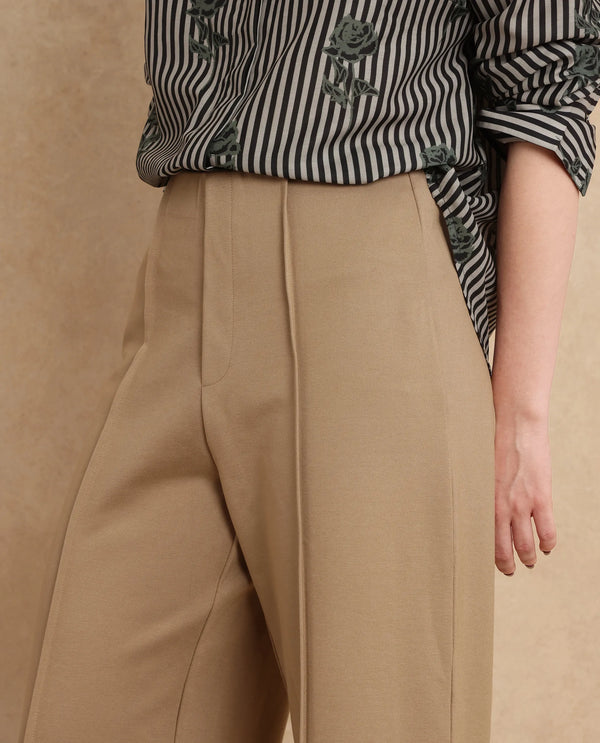 Rareism Women Jancura Beige Rayon Blend Fabric Round Neck Bootcut Ankle Length Plain Trouser