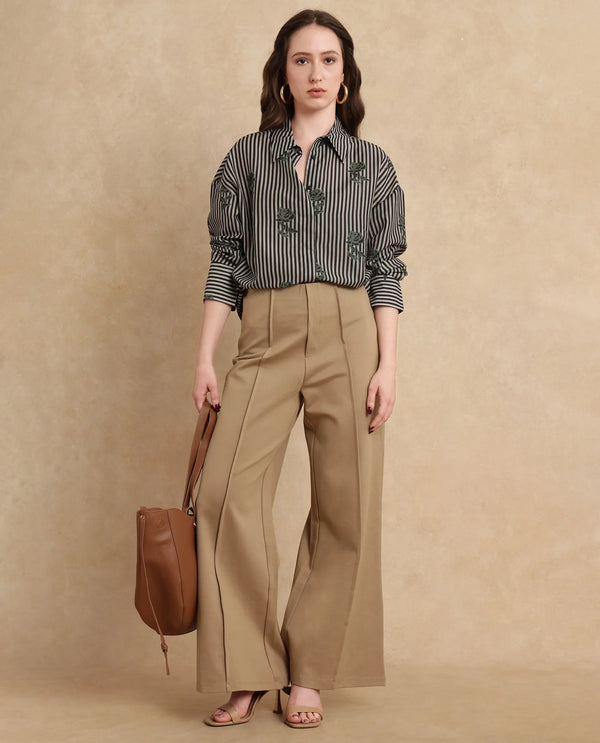 Rareism Women Jancura Beige Rayon Blend Fabric Round Neck Bootcut Ankle Length Plain Trouser