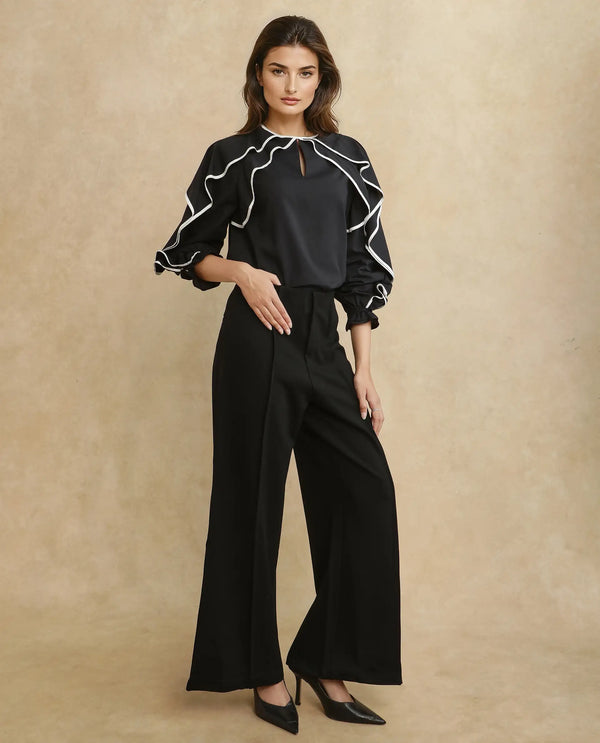 Rareism Women Jancura Black Rayon Nylon Fabric One Shoulder Bootcut Ankle Length Plain Trouser