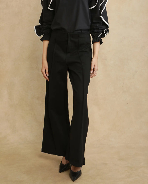 Rareism Women Jancura Black Rayon Nylon Fabric One Shoulder Bootcut Ankle Length Plain Trouser
