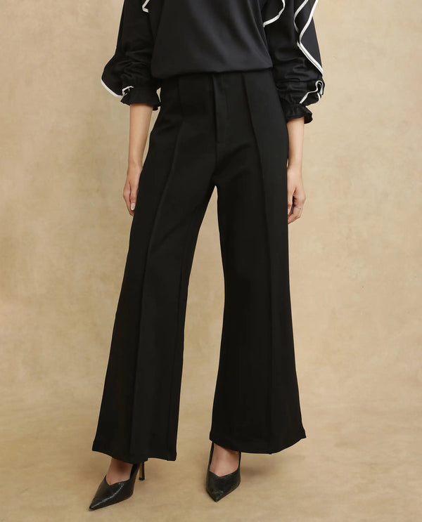 Rareism Women Jancura Black Rayon Nylon Fabric One Shoulder Bootcut Ankle Length Plain Trouser