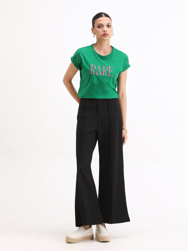Rareism Women Jancura Black 67%Rayon 29%Nylon 4%Spandex Fabric One Shoulder Bootcut Ankle Length Plain Trouser