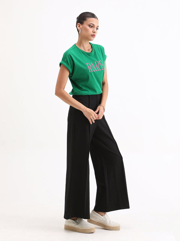 Rareism Women Jancura Black 67%Rayon 29%Nylon 4%Spandex Fabric One Shoulder Bootcut Ankle Length Plain Trouser