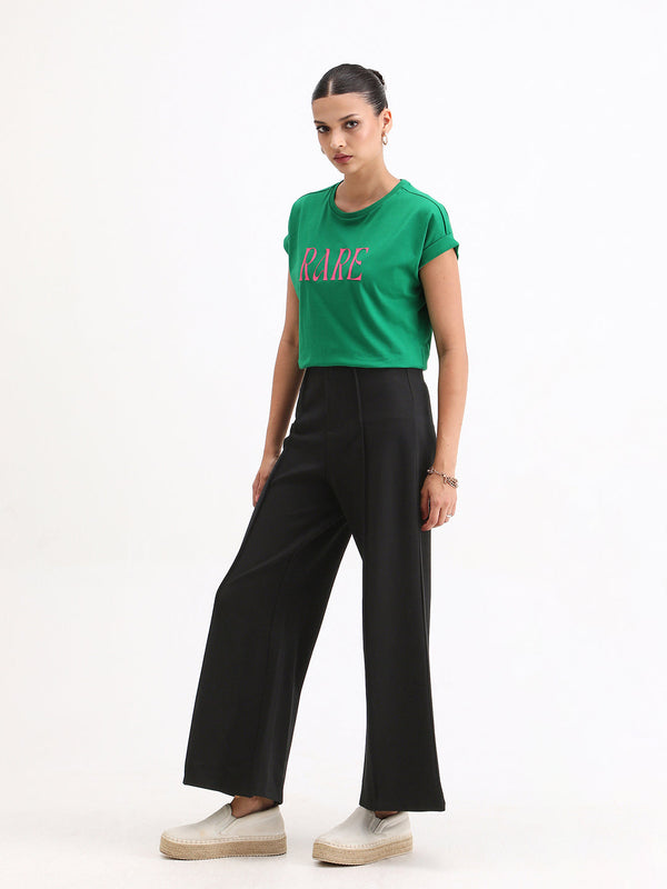 Rareism Women Jancura Black 67%Rayon 29%Nylon 4%Spandex Fabric One Shoulder Bootcut Ankle Length Plain Trouser