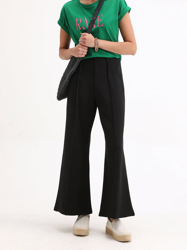 Rareism Women Jancura Black 67%Rayon 29%Nylon 4%Spandex Fabric One Shoulder Bootcut Ankle Length Plain Trouser