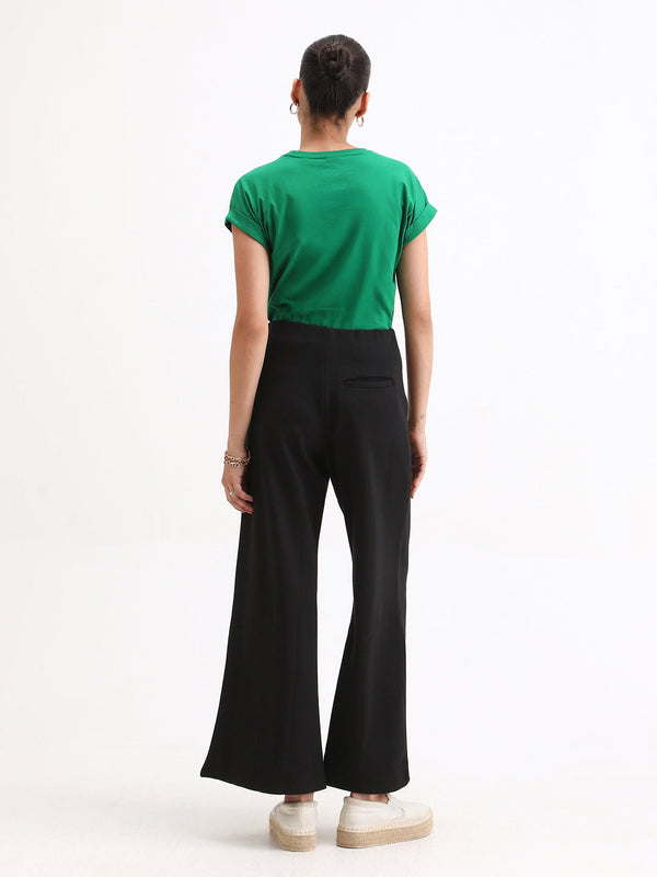 Rareism Women Jancura Black 67%Rayon 29%Nylon 4%Spandex Fabric One Shoulder Bootcut Ankle Length Plain Trouser
