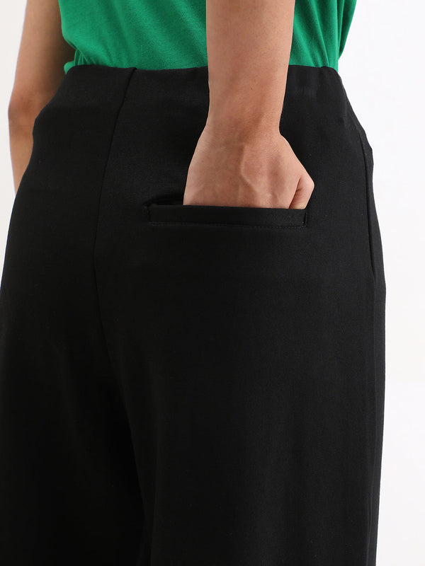 Rareism Women Jancura Black 67%Rayon 29%Nylon 4%Spandex Fabric One Shoulder Bootcut Ankle Length Plain Trouser
