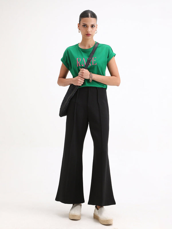 Rareism Women Jancura Black 67%Rayon 29%Nylon 4%Spandex Fabric One Shoulder Bootcut Ankle Length Plain Trouser