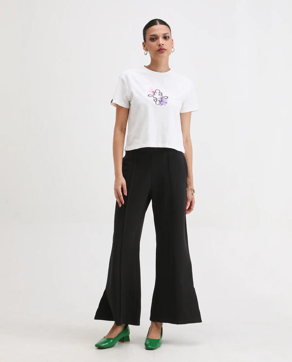 Rareism Women Jancuri Black 67%Rayon 29%Nylon 4%Spandex Fabric Straight Fit Ankle Length Plain Trouser