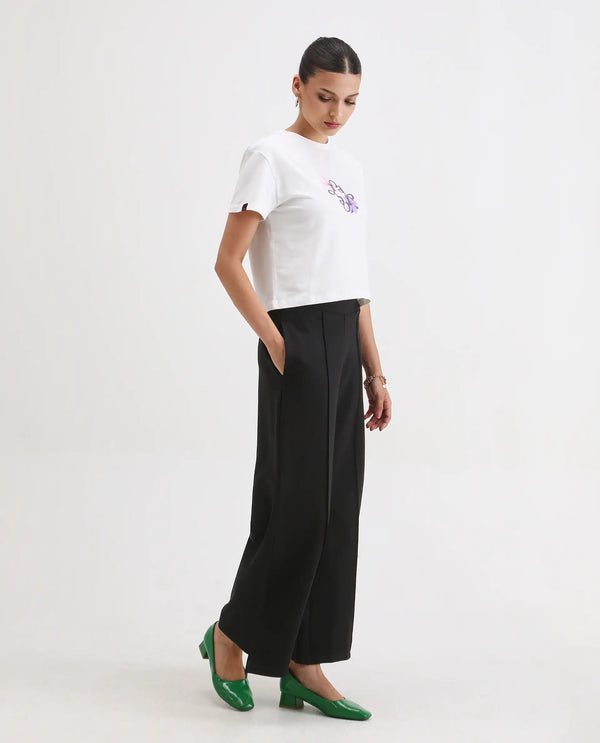 Rareism Women Jancuri Black 67%Rayon 29%Nylon 4%Spandex Fabric Straight Fit Ankle Length Plain Trouser