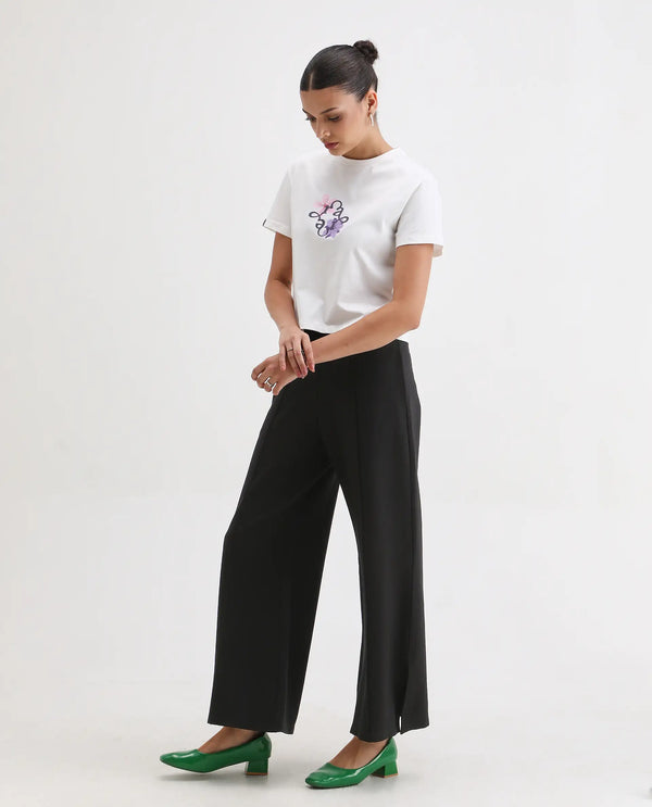 Rareism Women Jancuri Black 67%Rayon 29%Nylon 4%Spandex Fabric Straight Fit Ankle Length Plain Trouser