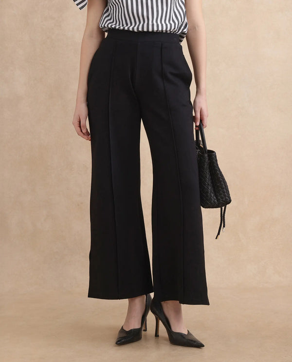 Rareism Women Jancuri Black Rayon Nylon Fabric Straight Fit Ankle Length Plain Trouser