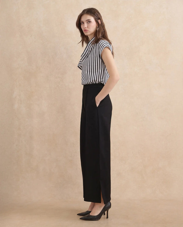 Rareism Women Jancuri Black Rayon Nylon Fabric Straight Fit Ankle Length Plain Trouser