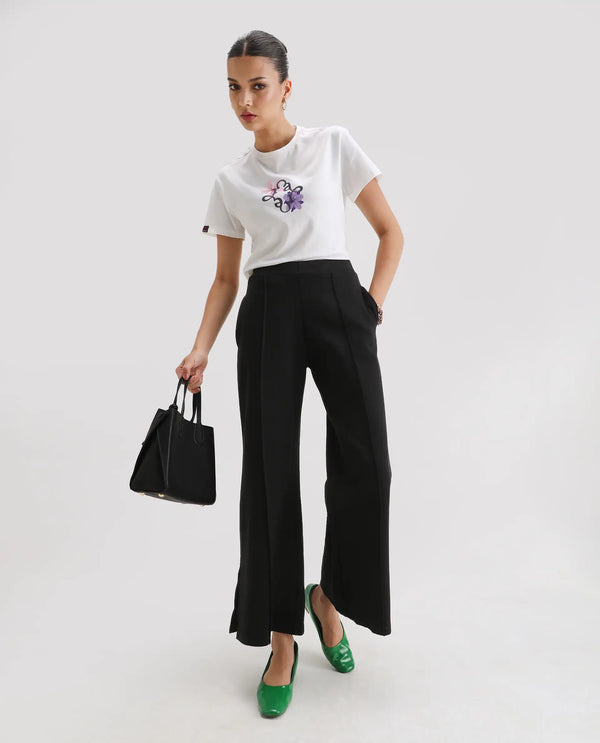 Rareism Women Jancuri Black 67%Rayon 29%Nylon 4%Spandex Fabric Straight Fit Ankle Length Plain Trouser