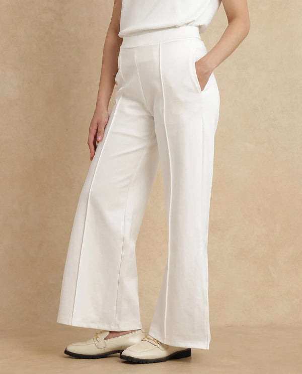 Rareism Women Jancuri Off White Rayon Nylon Fabric Straight Fit Ankle Length Plain Trouser