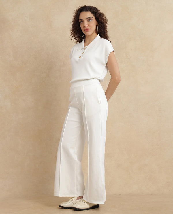 Rareism Women Jancuri Off White Rayon Nylon Fabric Straight Fit Ankle Length Plain Trouser