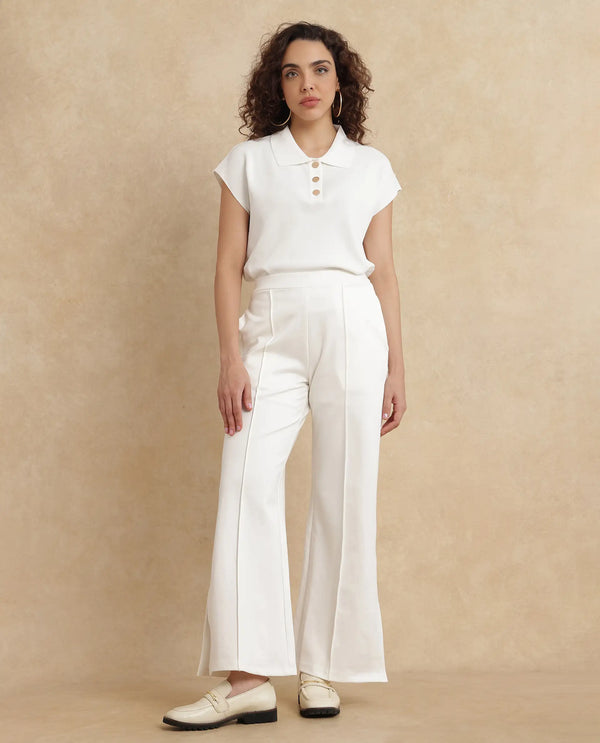 Rareism Women Jancuri Off White Rayon Nylon Fabric Straight Fit Ankle Length Plain Trouser